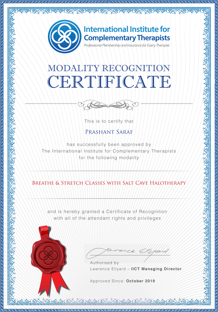 IICT Approved Modalities Breathe And Stretch Classes with Salt Cave Halotherapy Prashant Saraf